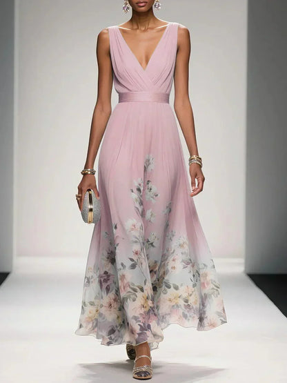 Women's Floral Maxi Dress with Pleated Bodice