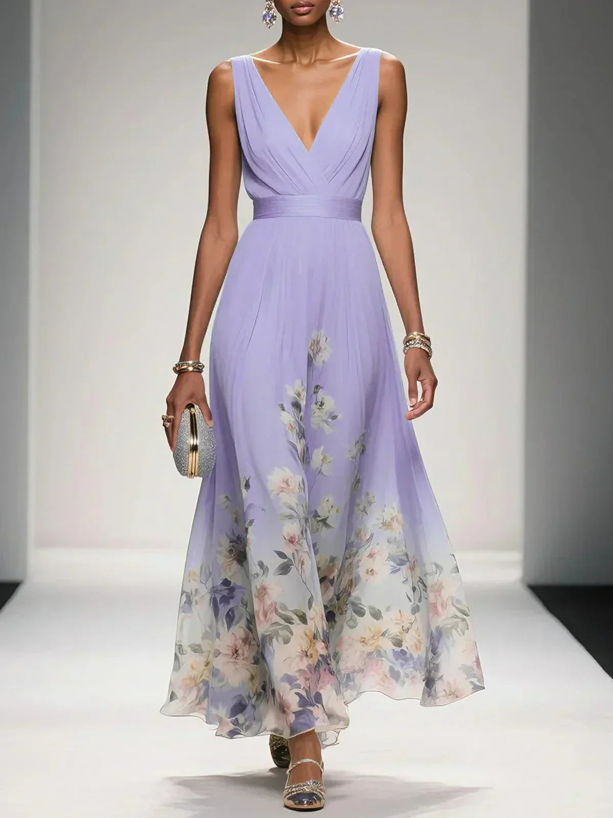 Women's Floral Maxi Dress with Pleated Bodice
