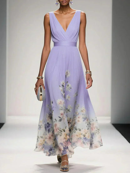 Women's Floral Maxi Dress with Pleated Bodice