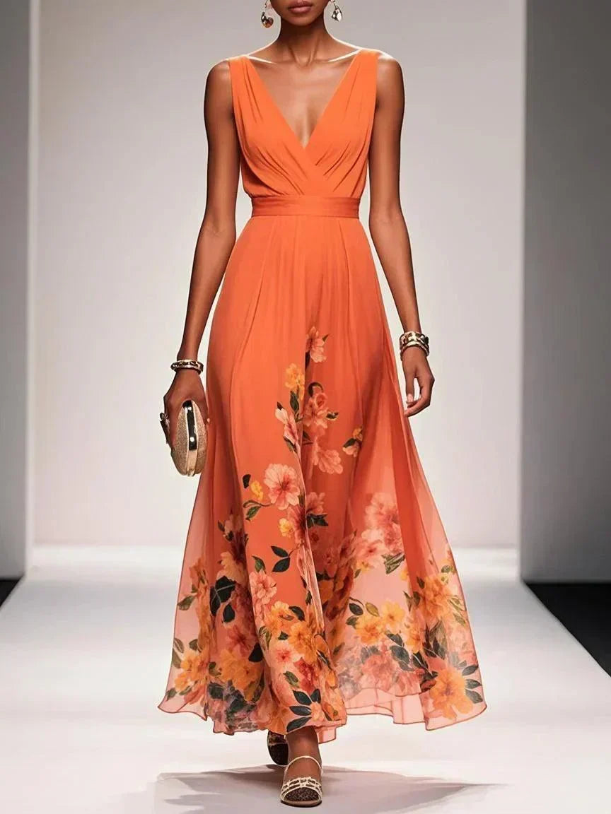 Women's Floral Maxi Dress with Pleated Bodice