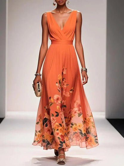 Women's Floral Maxi Dress with Pleated Bodice