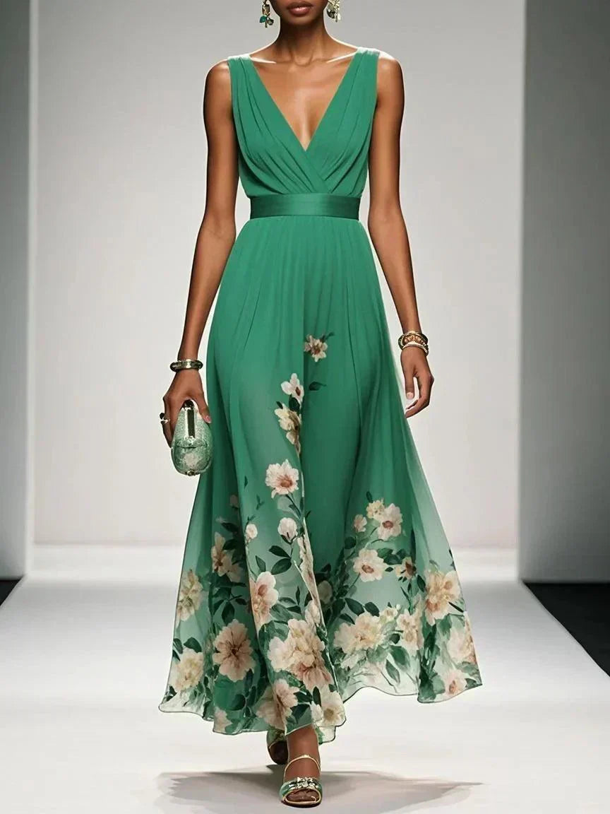 Women's Floral Maxi Dress with Pleated Bodice