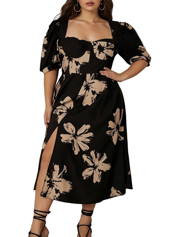 Women’s Floral Midi Dress with Puff Sleeves