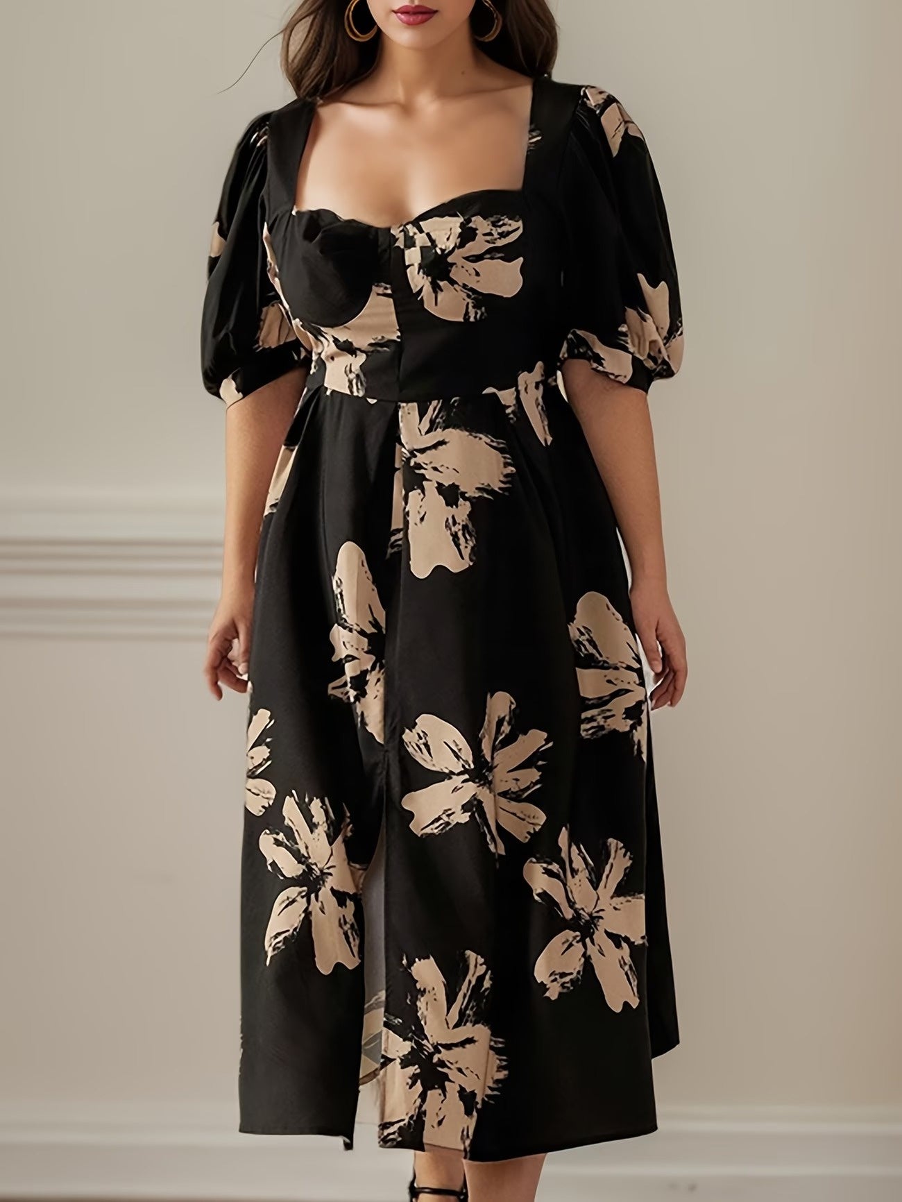 Women’s Floral Midi Dress with Puff Sleeves