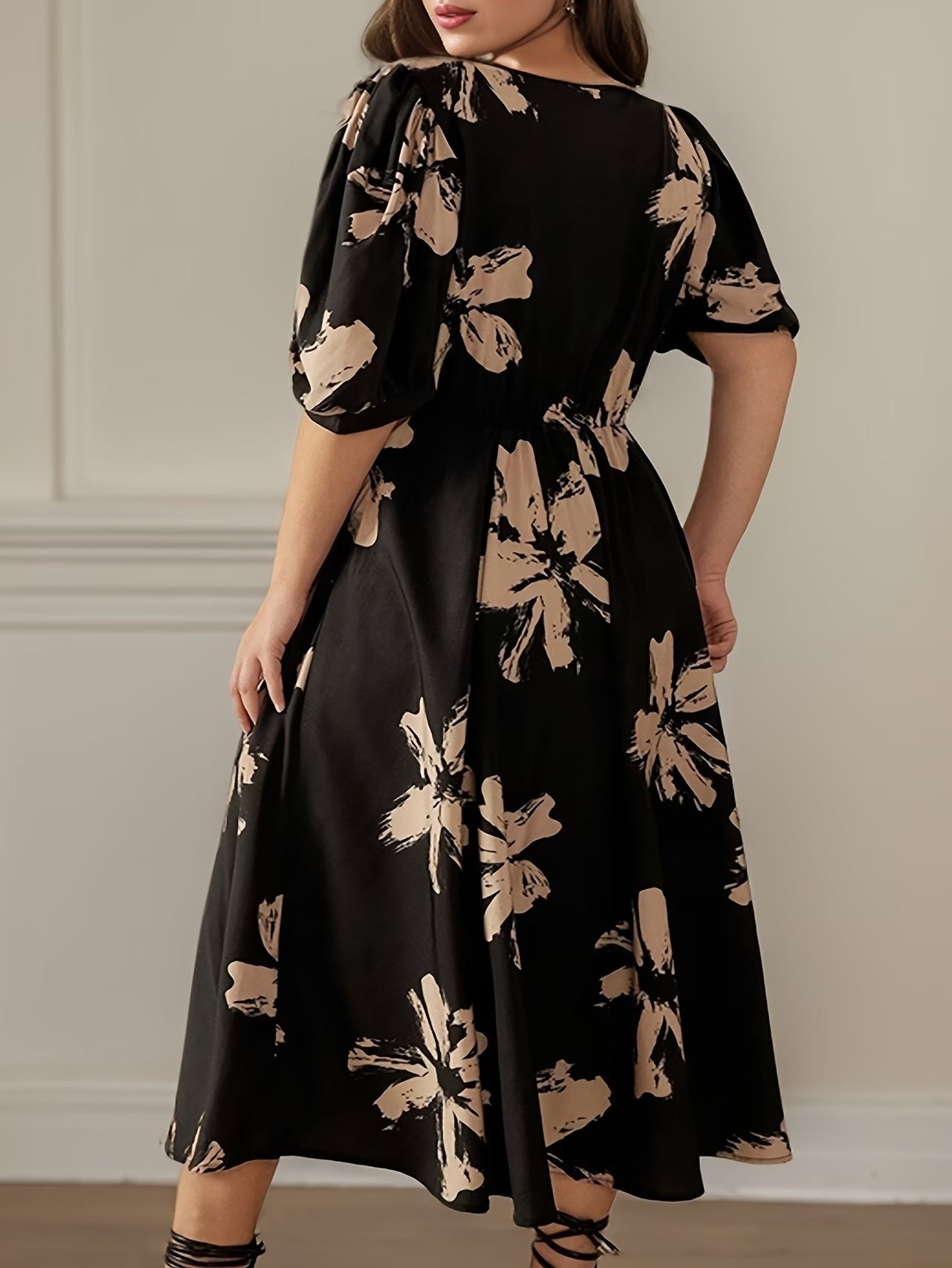 Women’s Floral Midi Dress with Puff Sleeves