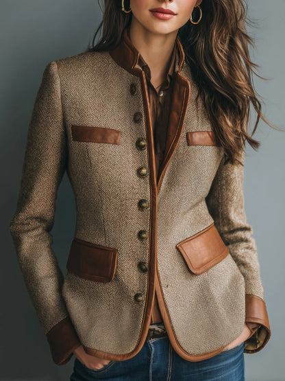 Women's Herringbone Tweed Jacket with Leather Trim - photo 1