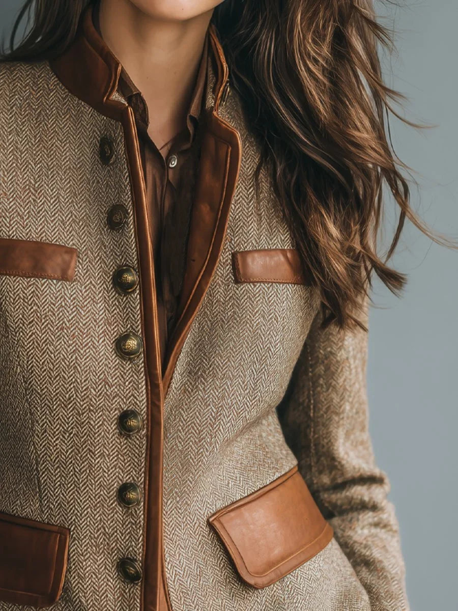 Women's Herringbone Tweed Jacket with Leather Trim - photo 3