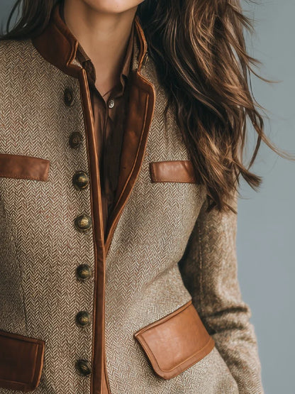 Women's Herringbone Tweed Jacket with Leather Trim - photo 3