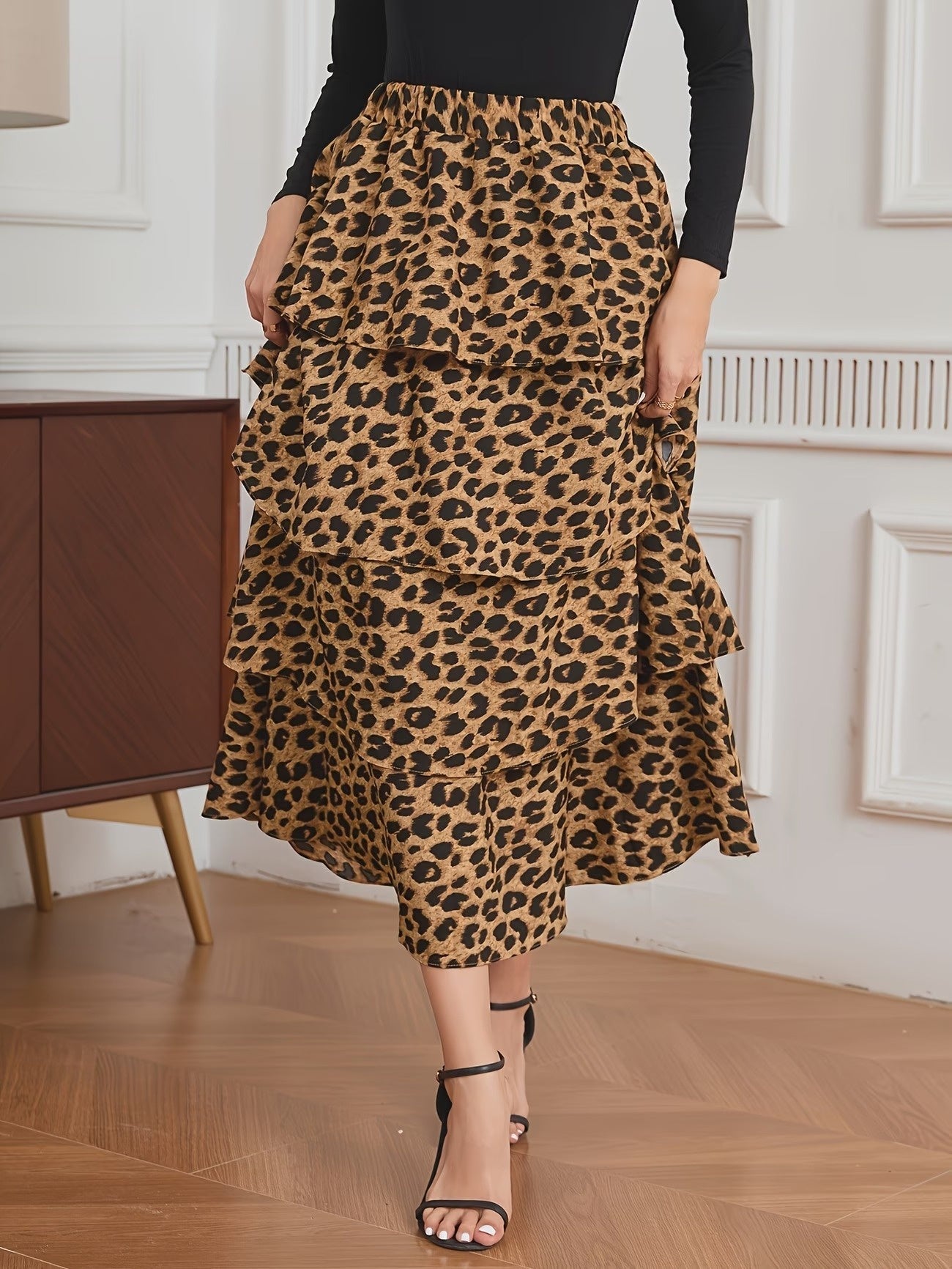 Women’s Leopard Print Tiered Midi Skirt