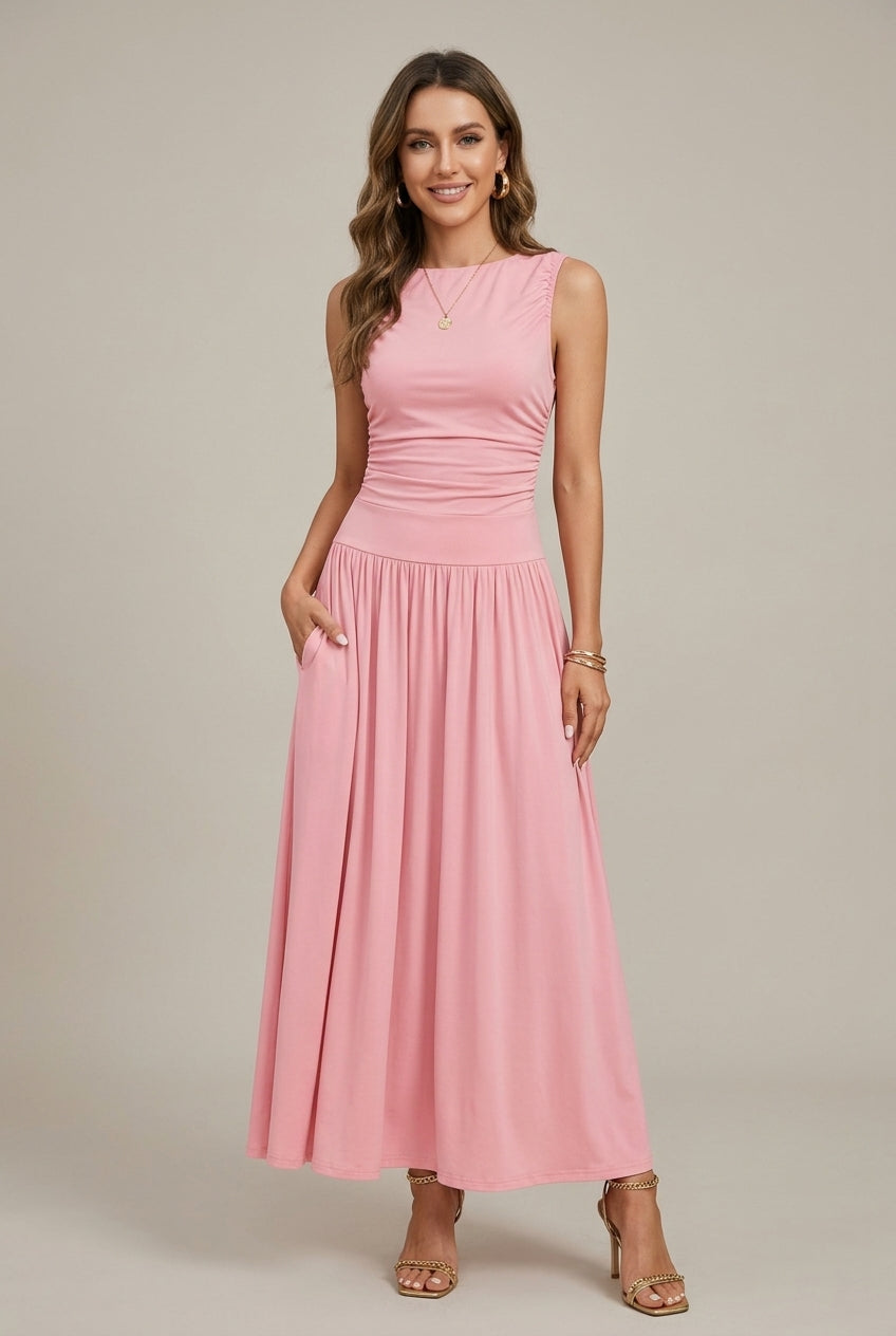 Women's Maxi Dress with Boat Neck and Ruched Waist