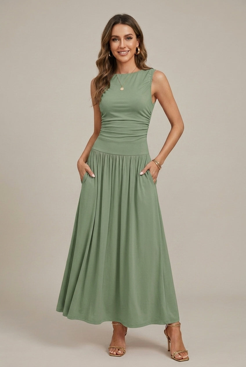 Women's Maxi Dress with Boat Neck and Ruched Waist