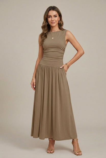 Women's Maxi Dress with Boat Neck and Ruched Waist