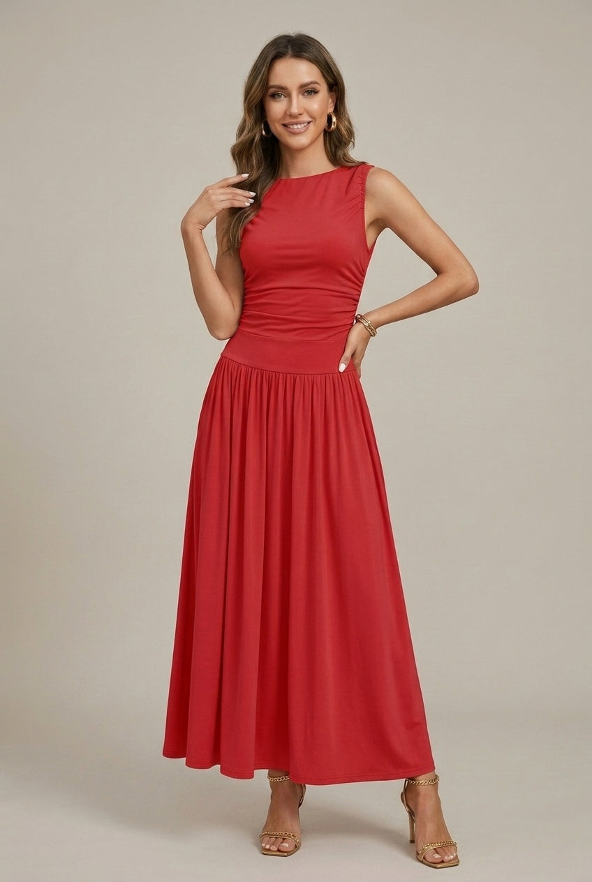 Women's Maxi Dress with Boat Neck and Ruched Waist