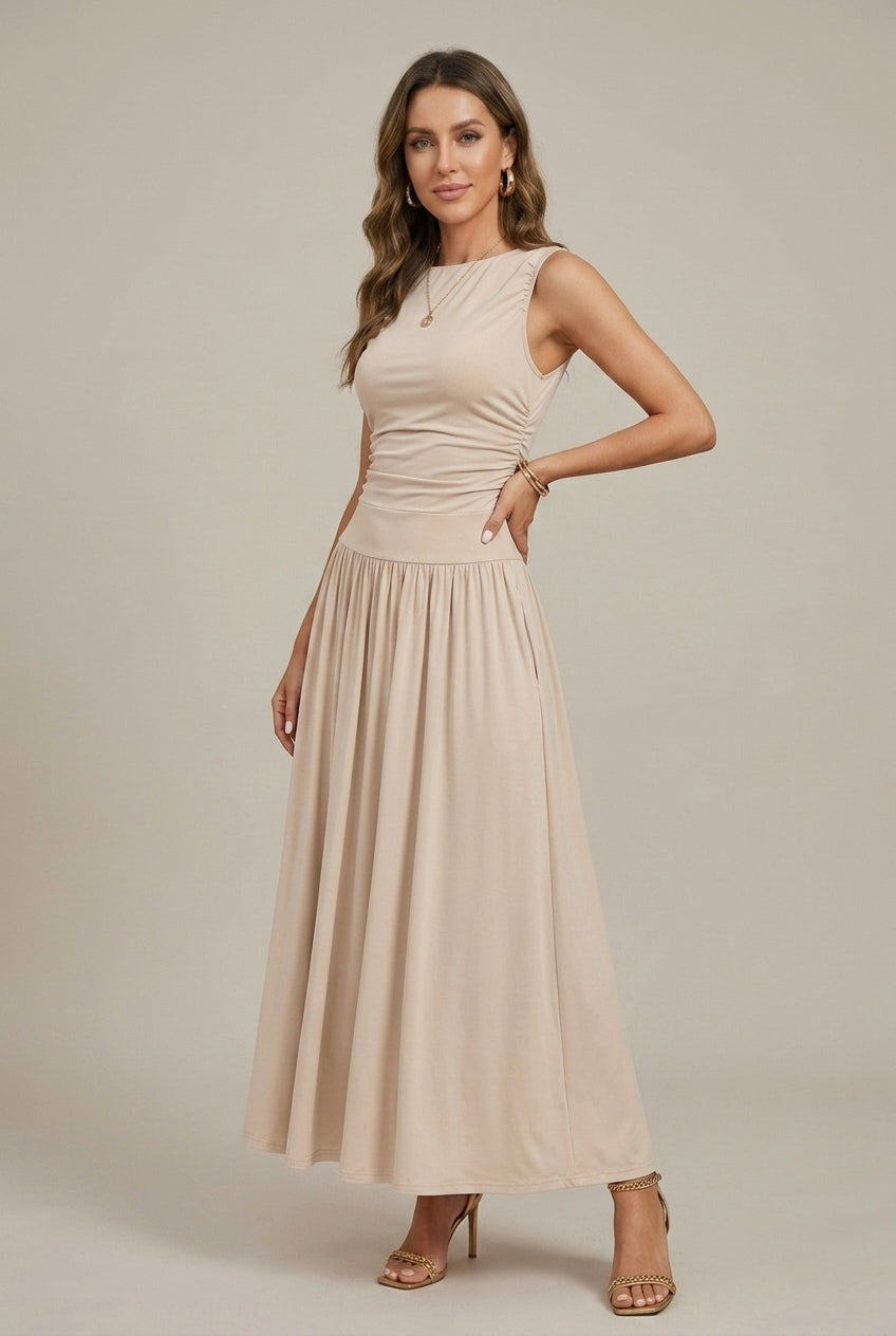Women's Maxi Dress with Boat Neck and Ruched Waist