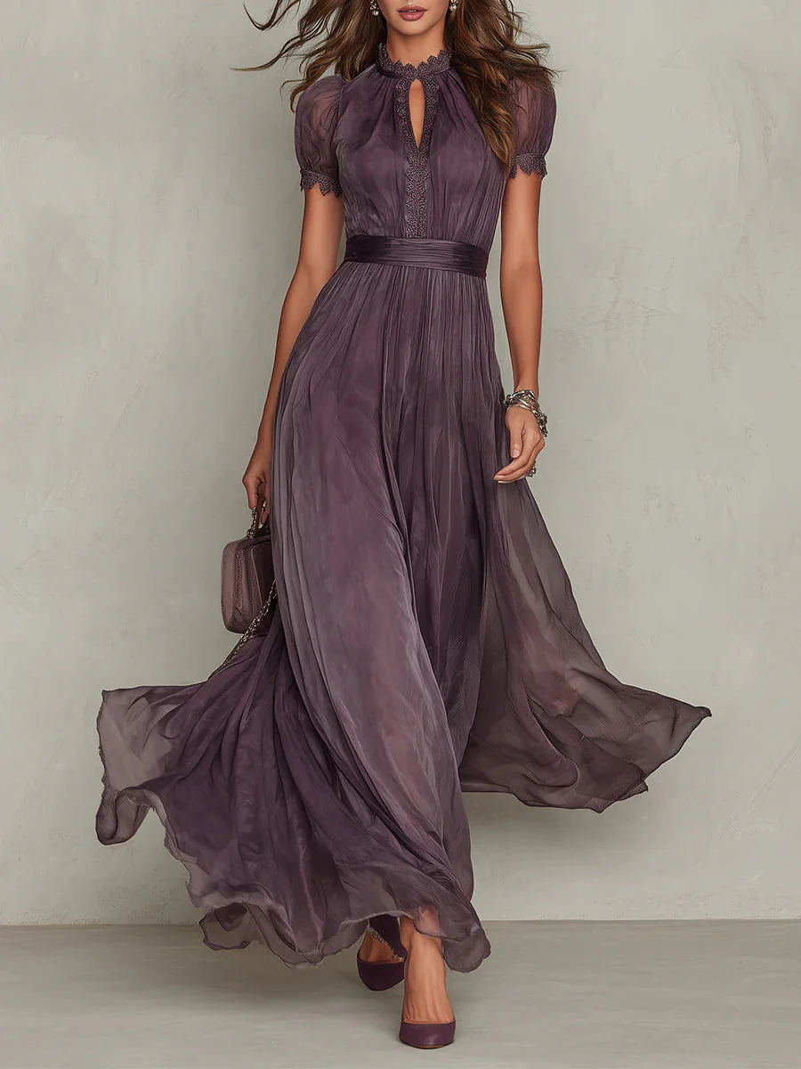 Women's Maxi Dress with High Neck and Puff Sleeves