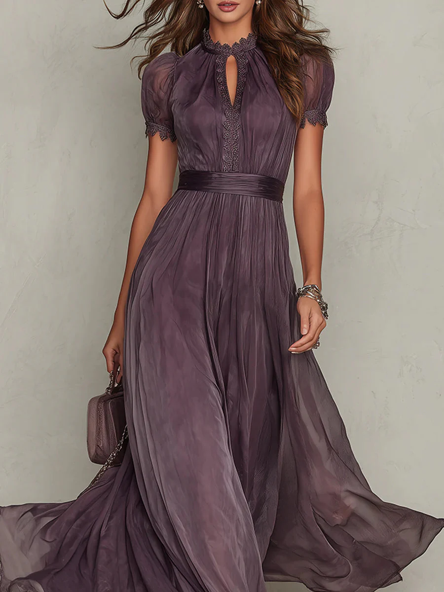 Women's Maxi Dress with High Neck and Puff Sleeves