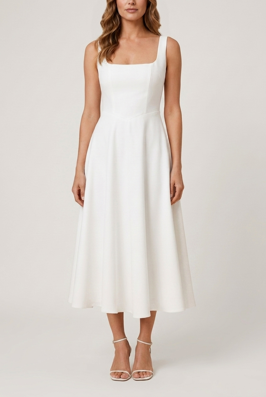 Women's Midi Dress with Square Neck and Relaxed Fit