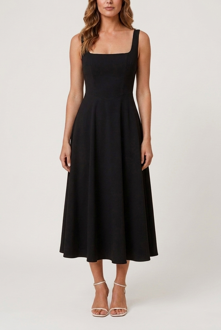 Women's Midi Dress with Square Neck and Relaxed Fit