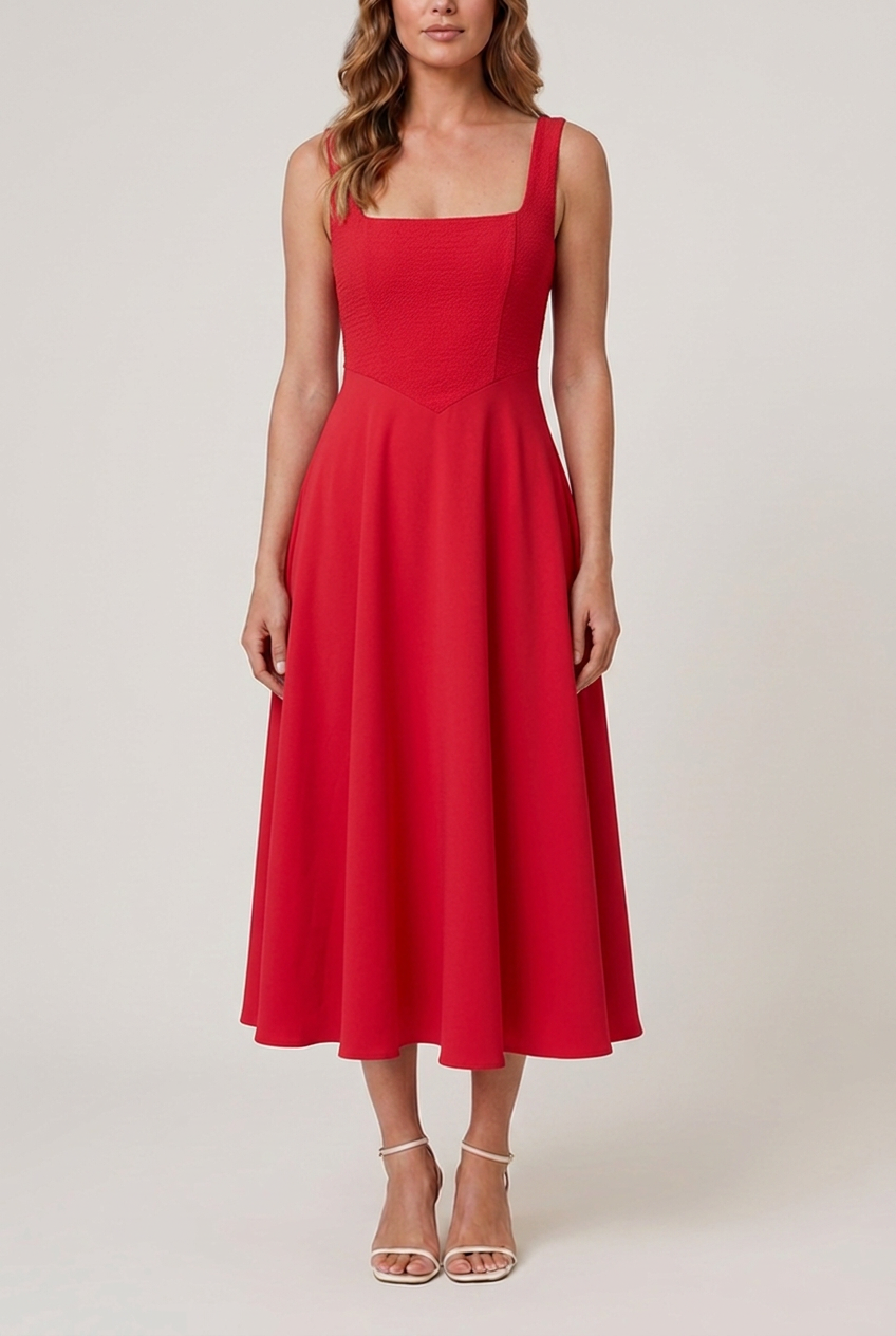 Women's Midi Dress with Square Neck and Relaxed Fit