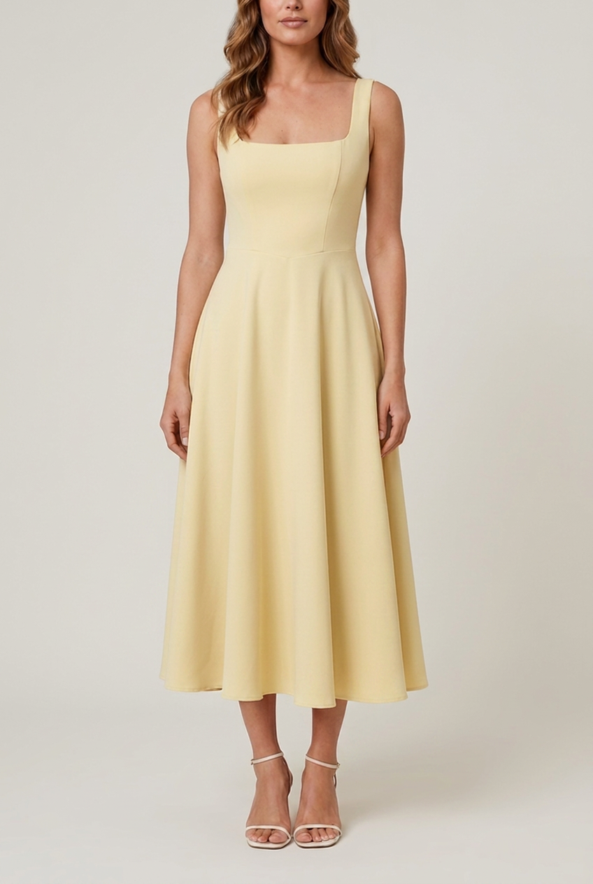 Women's Midi Dress with Square Neck and Relaxed Fit