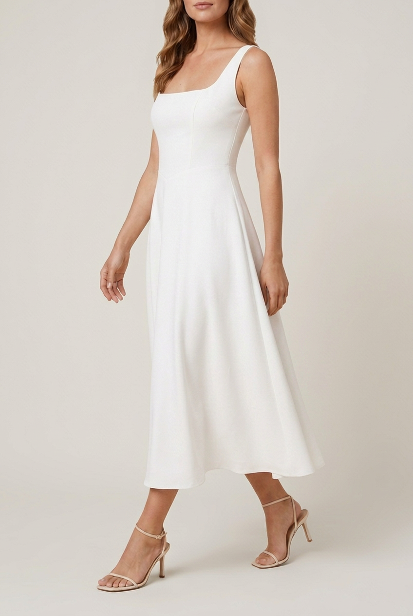 Women's Midi Dress with Square Neck and Relaxed Fit