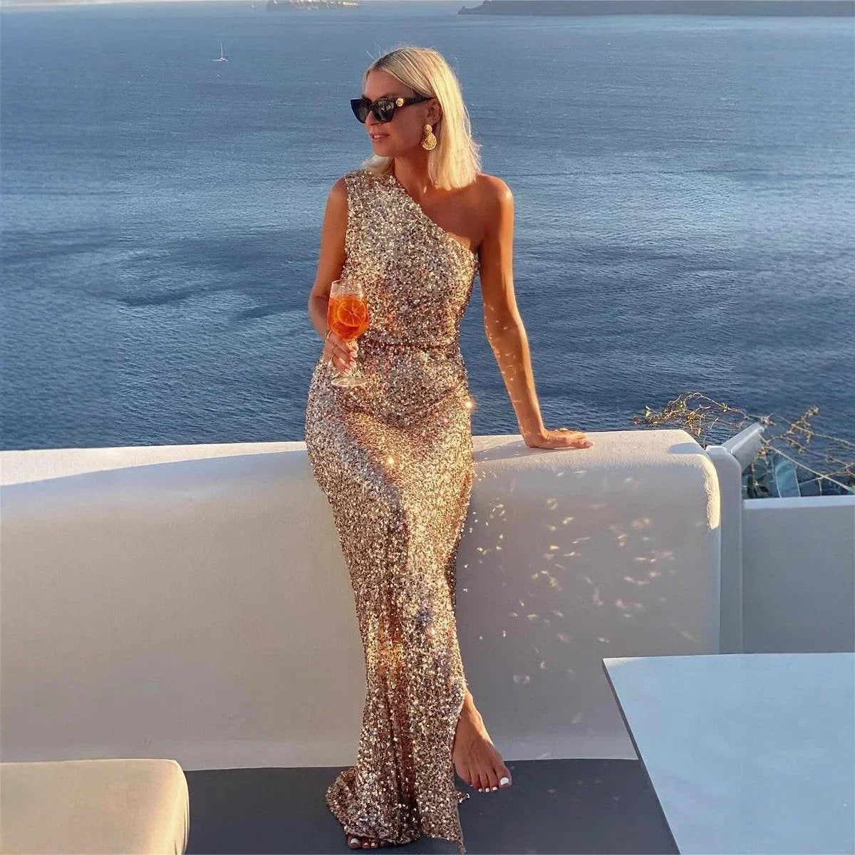 Women's One-Shoulder Sequin Maxi Dress with Side Slit - photo 3