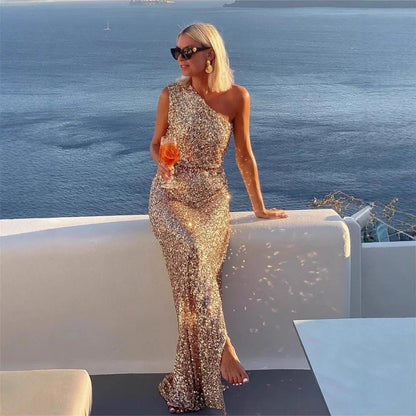 Women's One-Shoulder Sequin Maxi Dress with Side Slit - photo 3