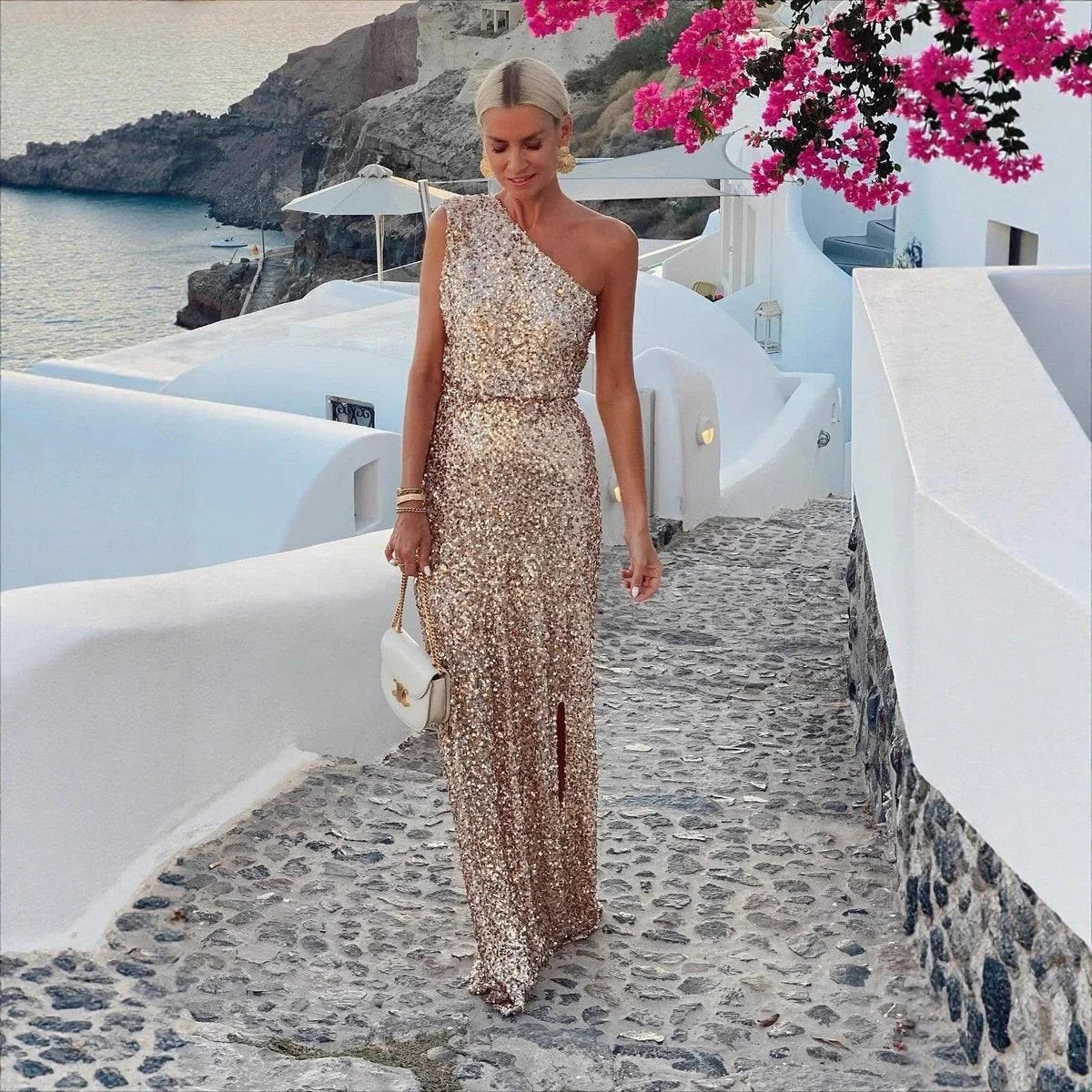 Women's One-Shoulder Sequin Maxi Dress with Side Slit - photo 4
