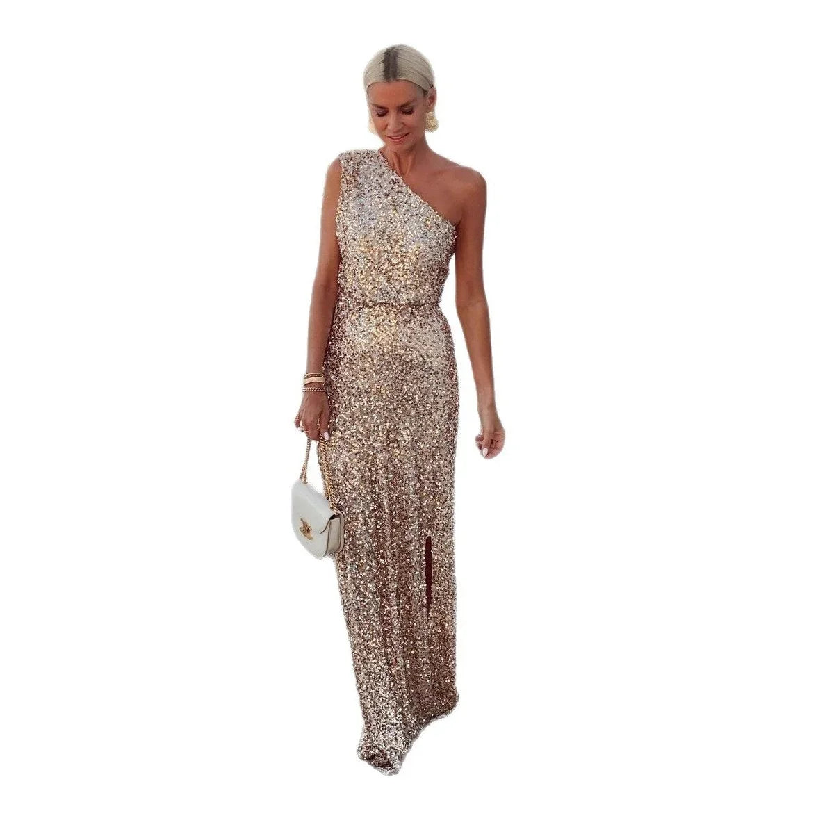 Women's One-Shoulder Sequin Maxi Dress with Side Slit - photo 5