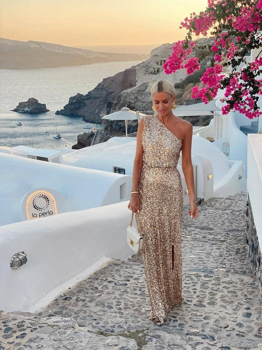 Women's One-Shoulder Sequin Maxi Dress with Side Slit - photo 6