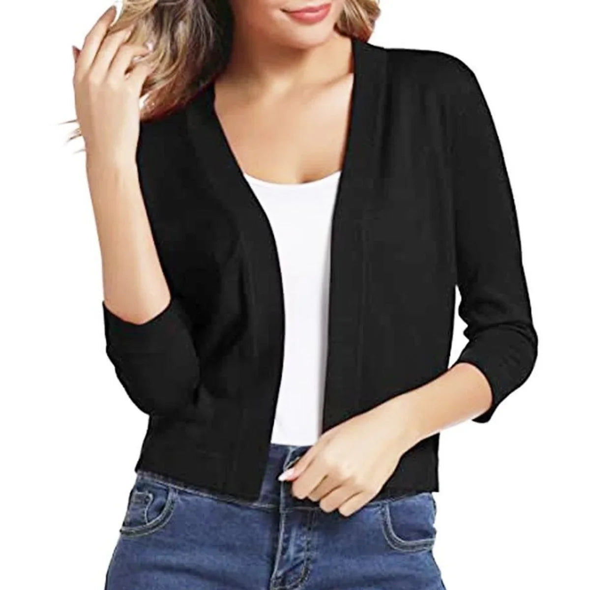 Women's Open-Front Cropped Cardigan with 3/4 Sleeves - photo 1