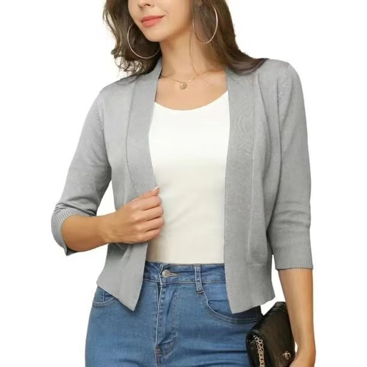 Women's Open-Front Cropped Cardigan with 3/4 Sleeves - photo 13