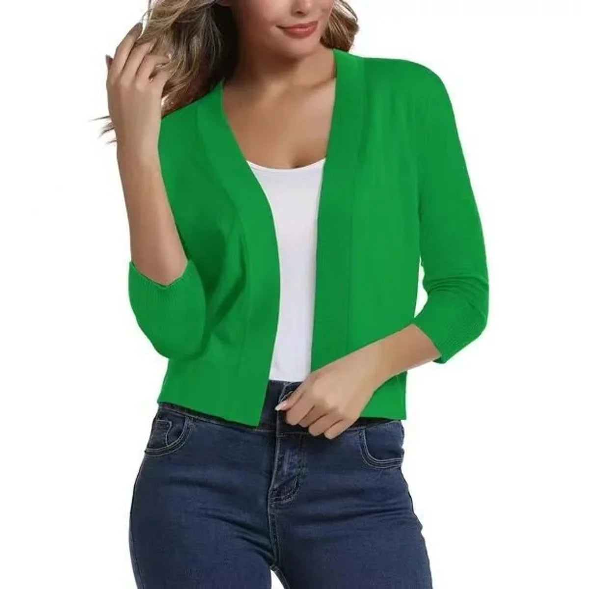 Women's Open-Front Cropped Cardigan with 3/4 Sleeves - photo 2