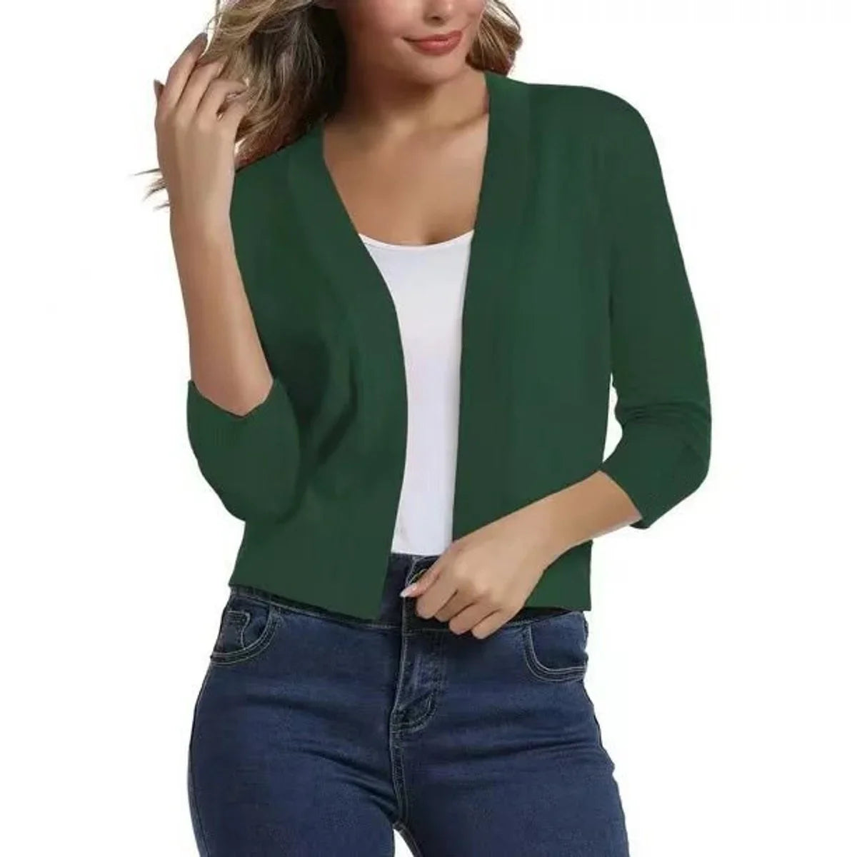 Women's Open-Front Cropped Cardigan with 3/4 Sleeves - photo 5