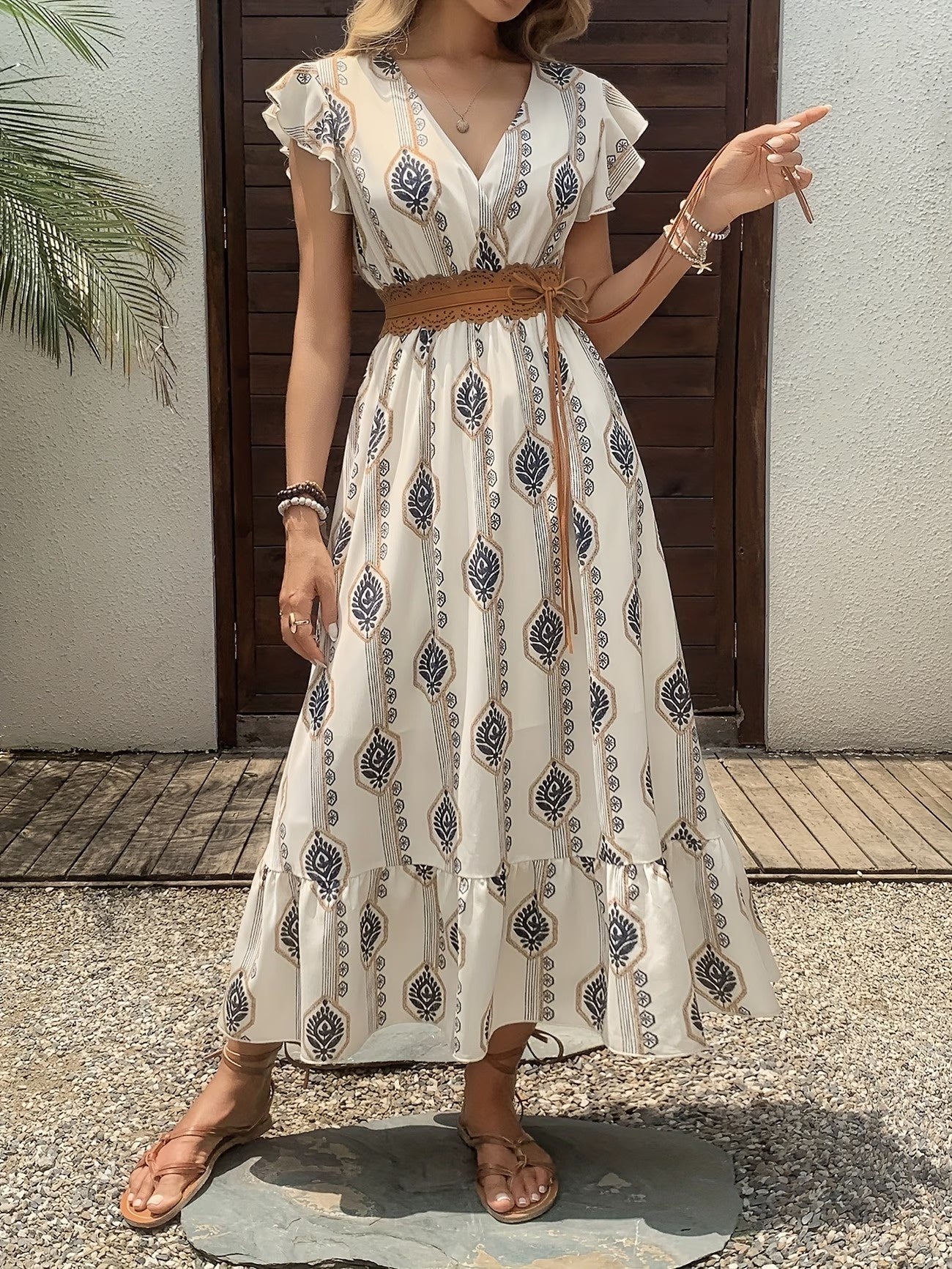 Women’s Printed V-Neck Midi Dress