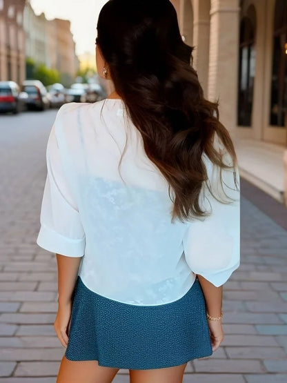 Women's Sheer Tie-Front Blouse with 3/4 Sleeves - photo 10