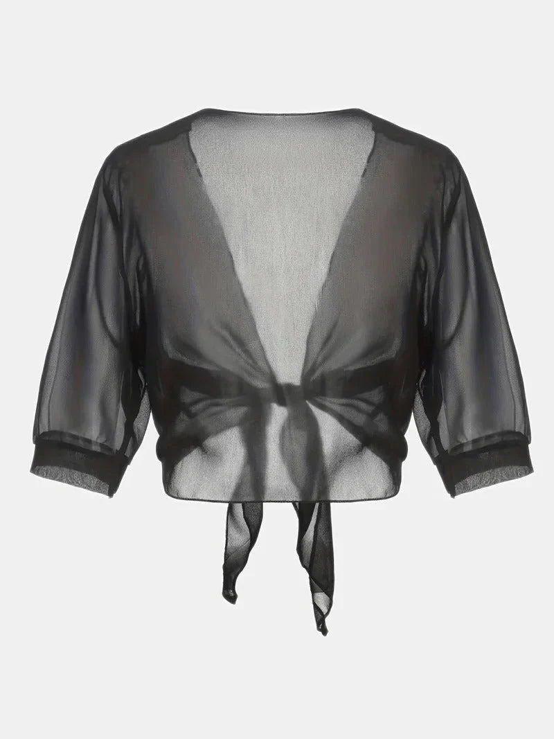 Women's Sheer Tie-Front Blouse with 3/4 Sleeves - photo 12