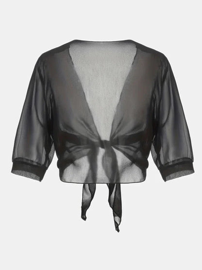 Women's Sheer Tie-Front Blouse with 3/4 Sleeves - photo 12
