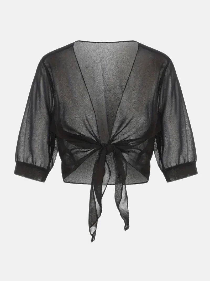 Women's Sheer Tie-Front Blouse with 3/4 Sleeves - photo 13