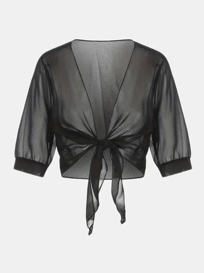 Women's Sheer Tie-Front Blouse with 3/4 Sleeves - photo 13