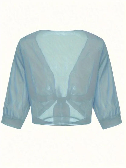 Women's Sheer Tie-Front Blouse with 3/4 Sleeves - photo 17