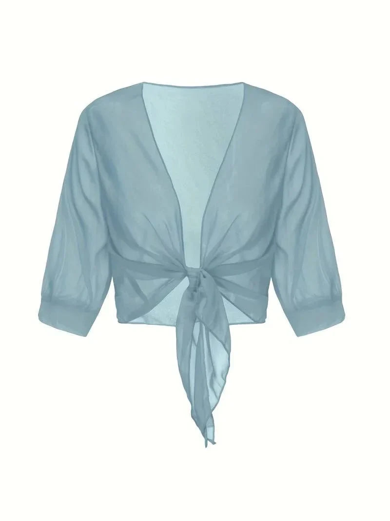 Women's Sheer Tie-Front Blouse with 3/4 Sleeves - photo 18