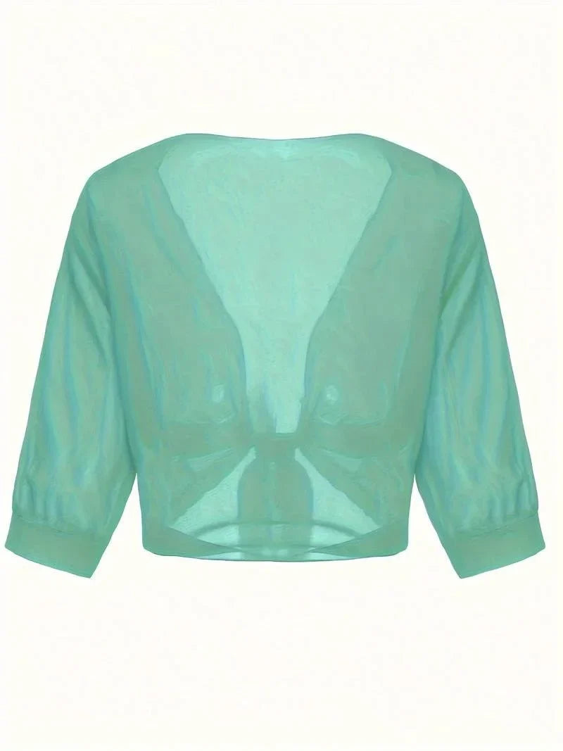 Women's Sheer Tie-Front Blouse with 3/4 Sleeves - photo 19