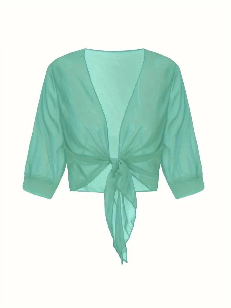 Women's Sheer Tie-Front Blouse with 3/4 Sleeves - photo 20