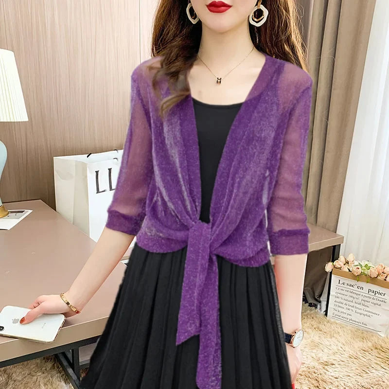 Women's Sheer Tie-Front Blouse with 3/4 Sleeves - photo 3
