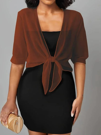 Women's Sheer Tie-Front Blouse with 3/4 Sleeves - photo 6