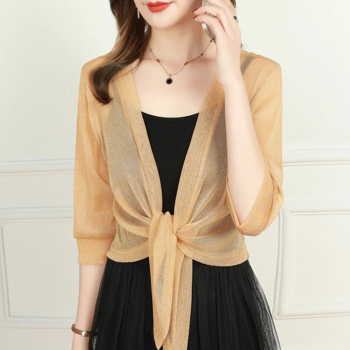 Women's Sheer Tie-Front Blouse with 3/4 Sleeves - photo 8