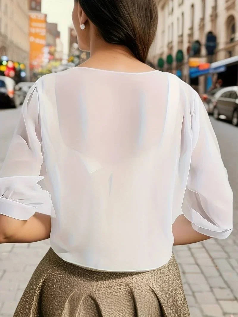 Women's Sheer Tie-Front Blouse with 3/4 Sleeves - photo 9
