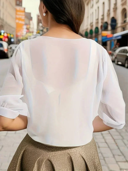 Women's Sheer Tie-Front Blouse with 3/4 Sleeves - photo 9