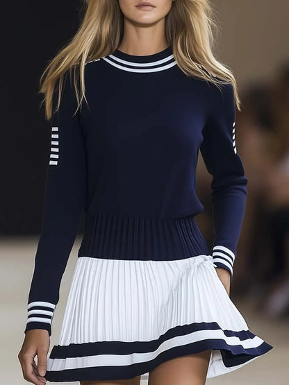 Women's Striped Knit Dress with Pleated Skirt - photo 1